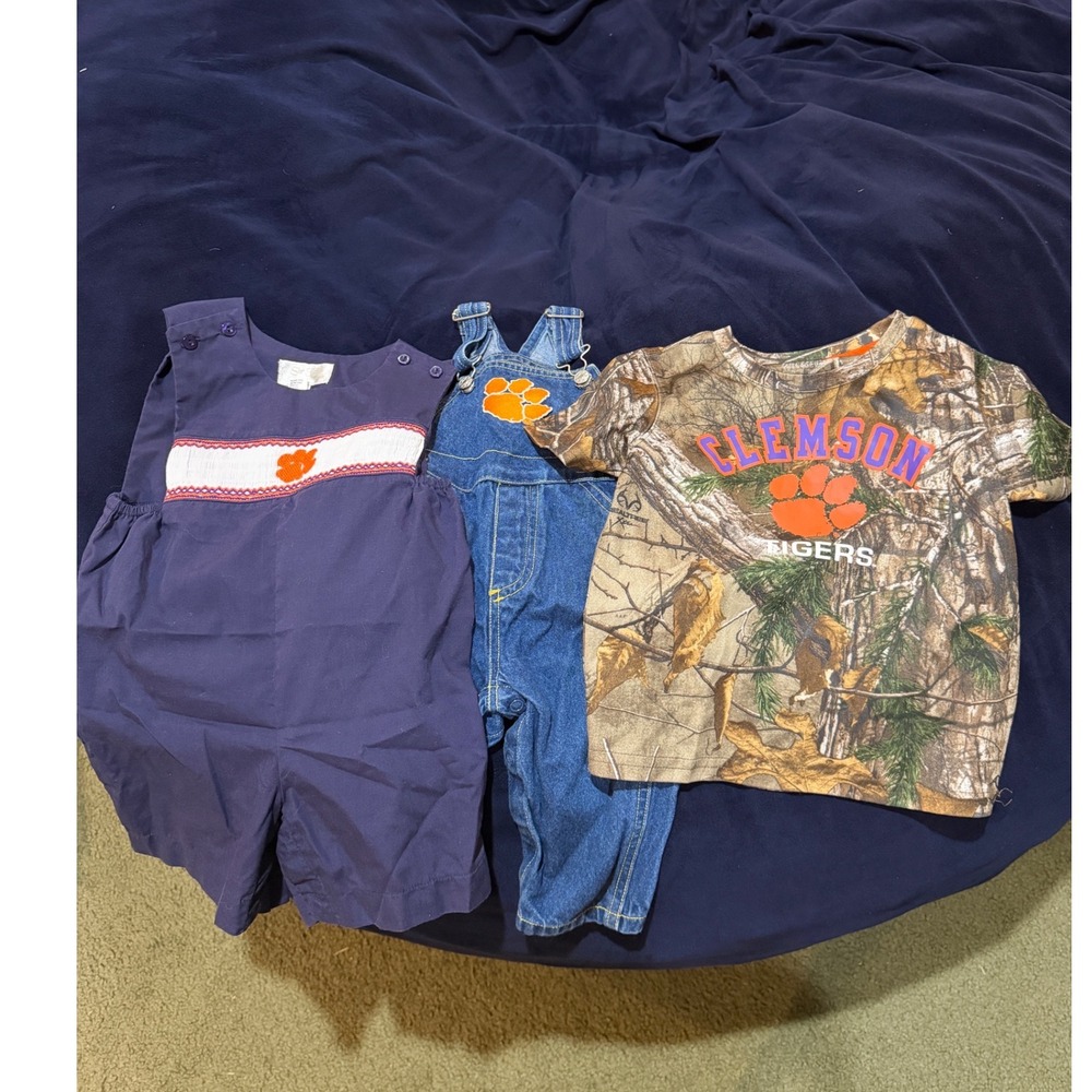 Clemson Tigers Toddler Bundle Denim Overalls Smocked Jon Jon Camo T-Shirt 12M 2T